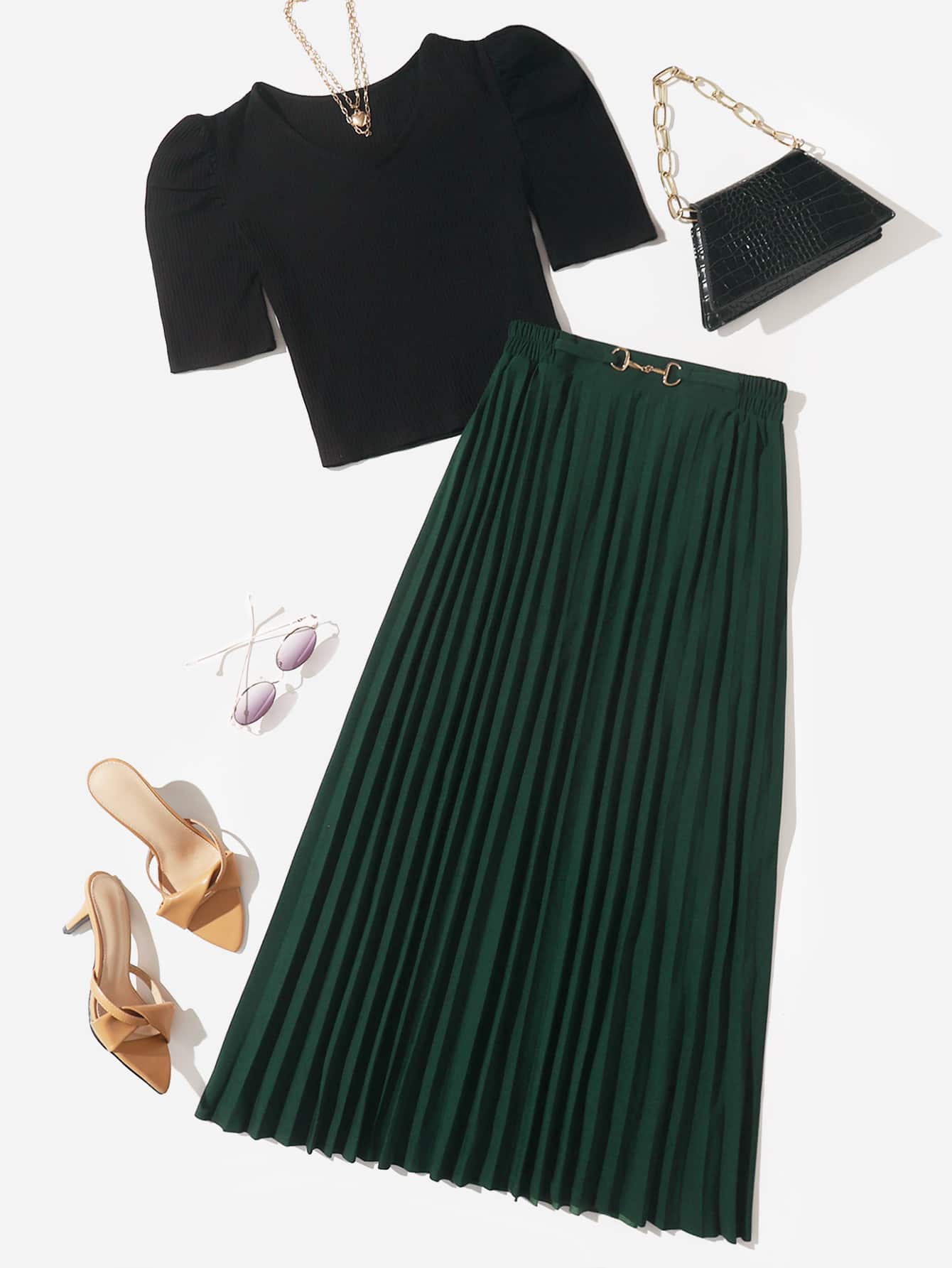 Mulvari Solid Rib Knit Crop Tee & Pleated Skirt - Multicolor - View 1