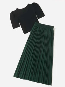 Mulvari Solid Rib Knit Crop Tee & Pleated Skirt - Multicolor - View 2