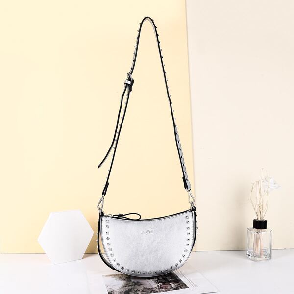 

Studded Decor Double Pocket Saddle Bag, Silver