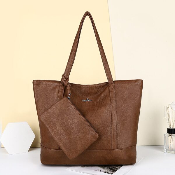 

Minimalist Shoulder Tote Bag With Coin Case, Brown