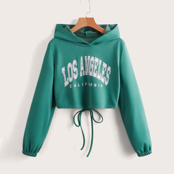 

Letter Graphic Cut Out Knot Back Hoodie, Green