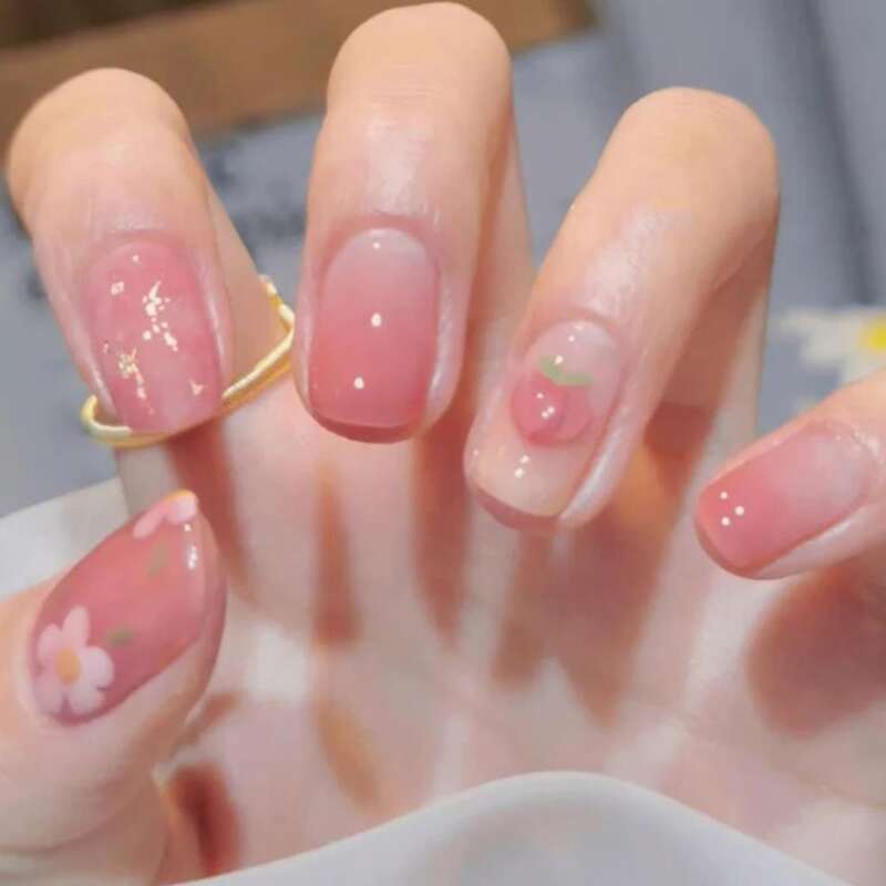 

24pcs Flower Pattern Fake Nail, Pink