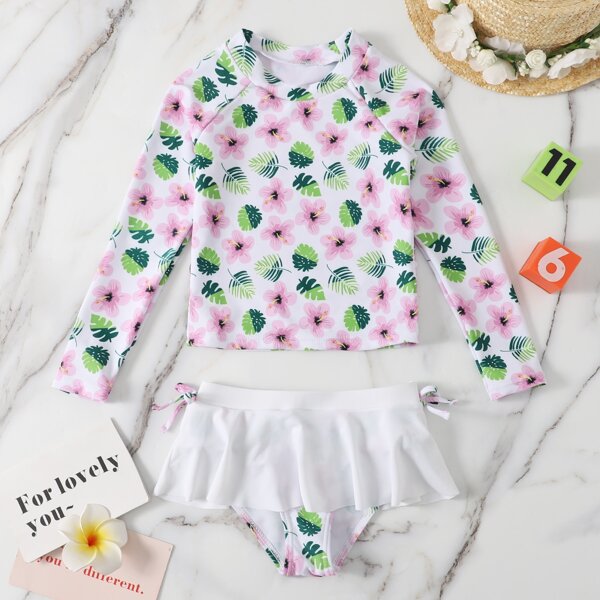 

Toddler Girls Floral Print Ruffle Hem Bikini Swimsuit, White