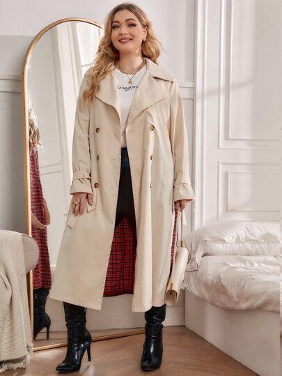 SHEIN Plus Lapel Neck Plaid Print Double Breasted Belted Trench Coat