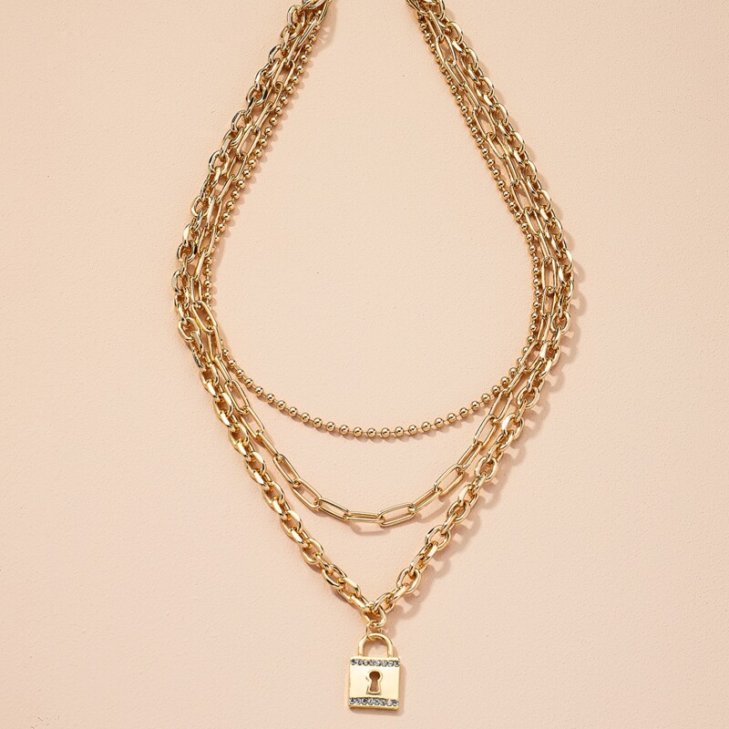 

1pc Lock Pendant Layered Chain Necklace, Gold