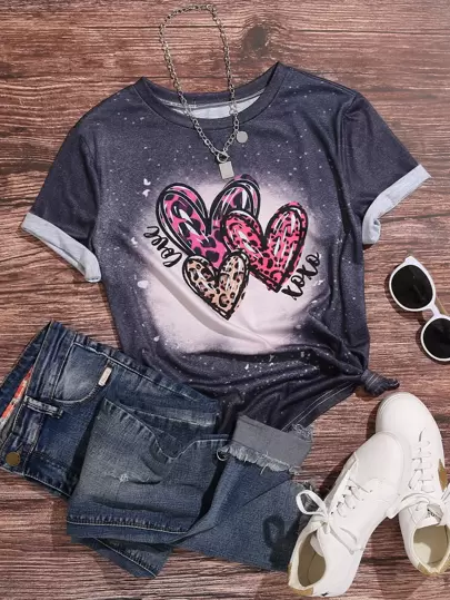 SHEIN LUNE 大碼愛心和字母圖案T恤