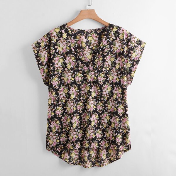 

Plus Floral Print Dip Hem Blouse, Multicolor
