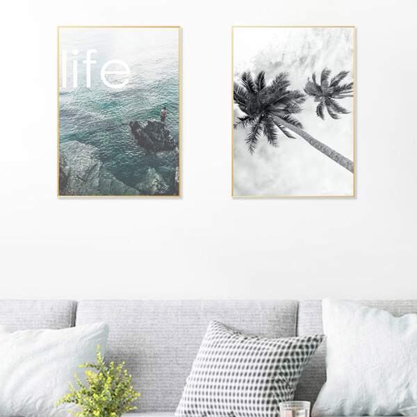 

2pcs Sea & Tree Pattern Unframed Painting, Multicolor