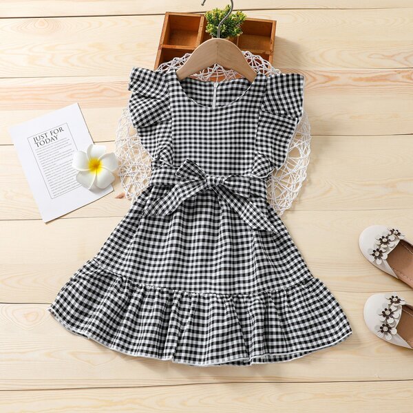 

Toddler Girls Gingham Belted Ruffle Hem Dress, Black and white