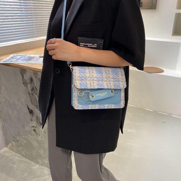 

Plaid Flap Satchel Bag, Baby blue