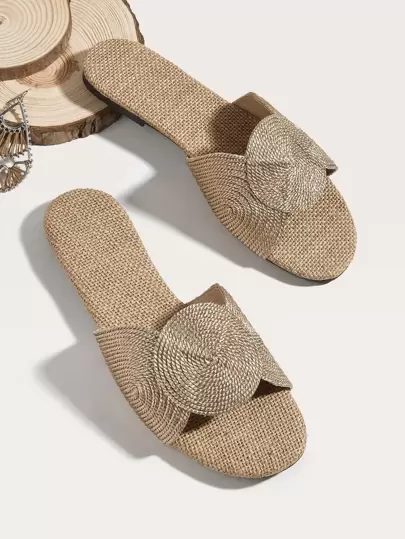 Women's Flat Sandals With Round Decor, Woven Rope Sole, Comfortable Non-Slip Slide Sandals For Summer Vacation, Open Toe Bohemian Style Embroidered Woven Sandals, Slip-On Khaki Slippers, Essential Home Slippers