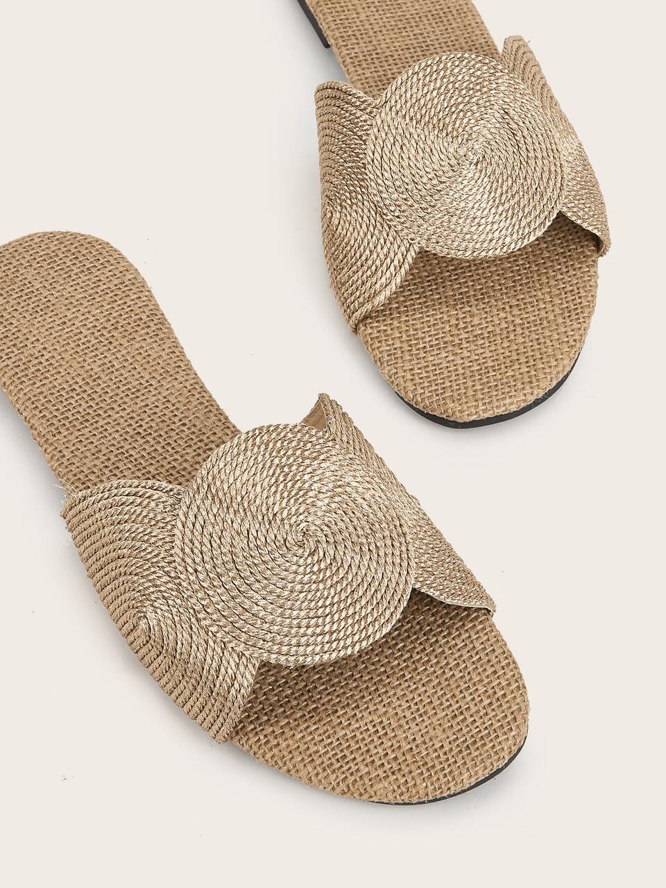 Women's Flat Sandals With Round Decor, Slip-On Khaki Slippers, Essential Home Slippers, Woven Rope Sole, Beach Outfits