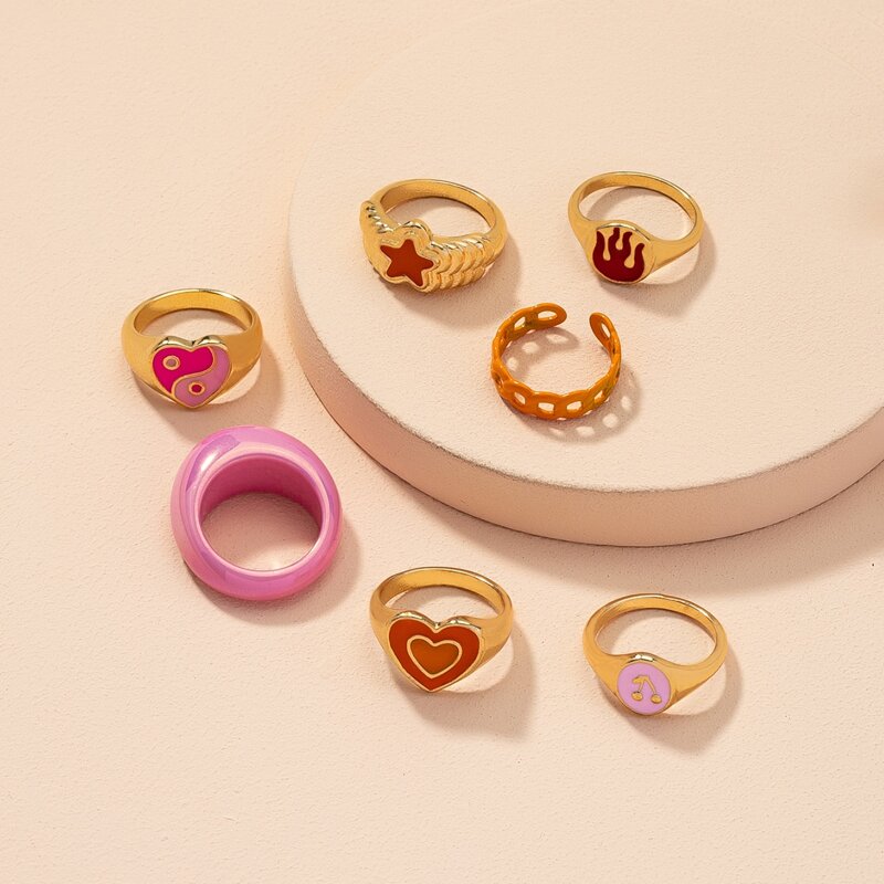 

7pcs Heart Decor Ring, Gold