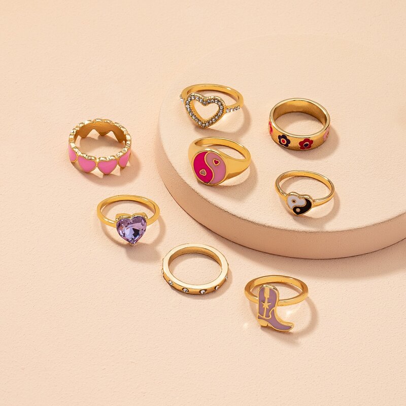 

8pcs Heart Graphic Ring, Gold