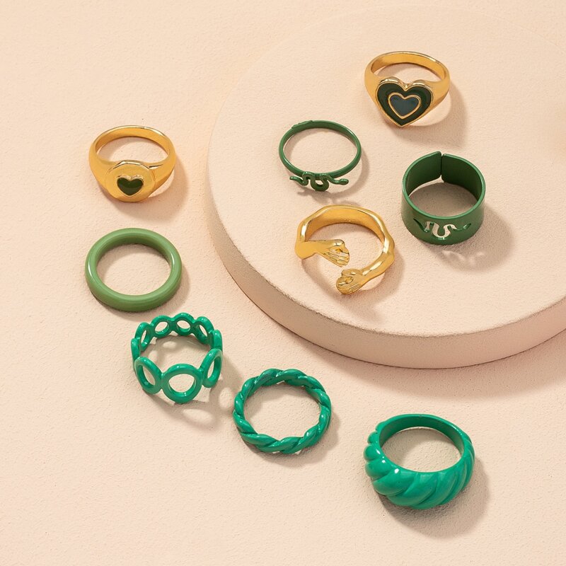 

9pcs Heart Decor Ring, Gold