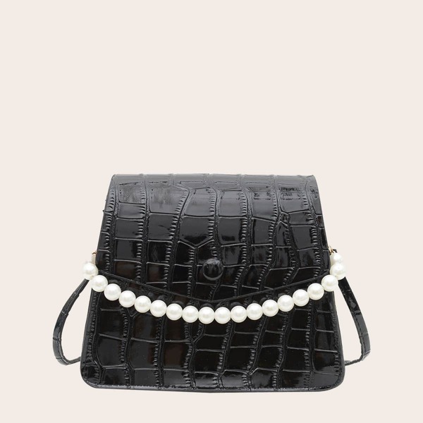 

Girls Minimalist Croc Embossed Satchel Bag, Black