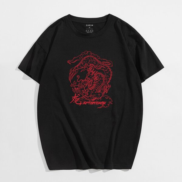 

Men Chinese Dragon & Letter Graphic Tee, Black