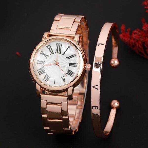 

1pc Rhinestone Decor Round Pointer Quartz Watch & 1pc Bracelet