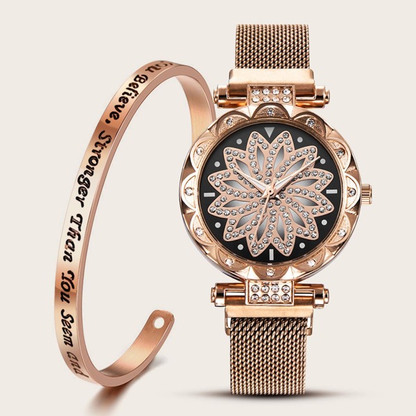 

1pc Rhinestone Decor Round Pointer Quartz Watch & 1pc Bracelet