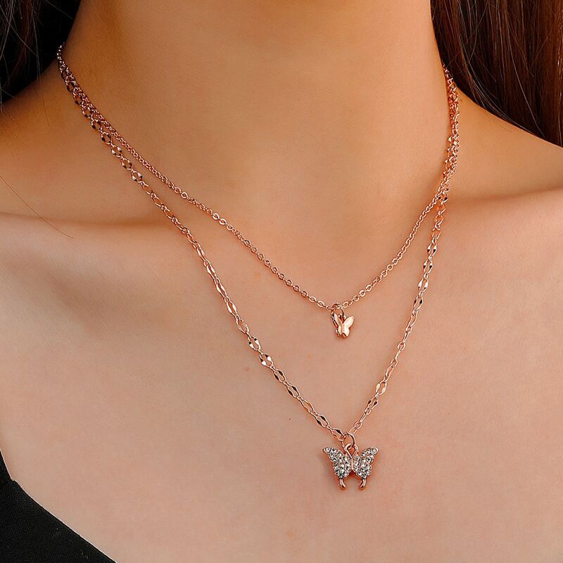 

Butterfly Pendant Layered Chain Necklace, Rose gold