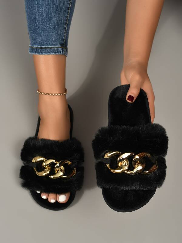Women's Black Fluffy Chain Decor Slippers, Fashionable Open Toe Slippers For Bedroom