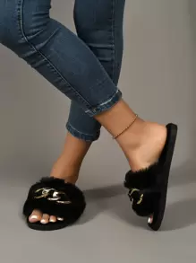 Fall/Winter Women's Black Fluffy Chain Decor Slippers, Fashionable Open Toe Slippers For Bedroom - Black - View 5