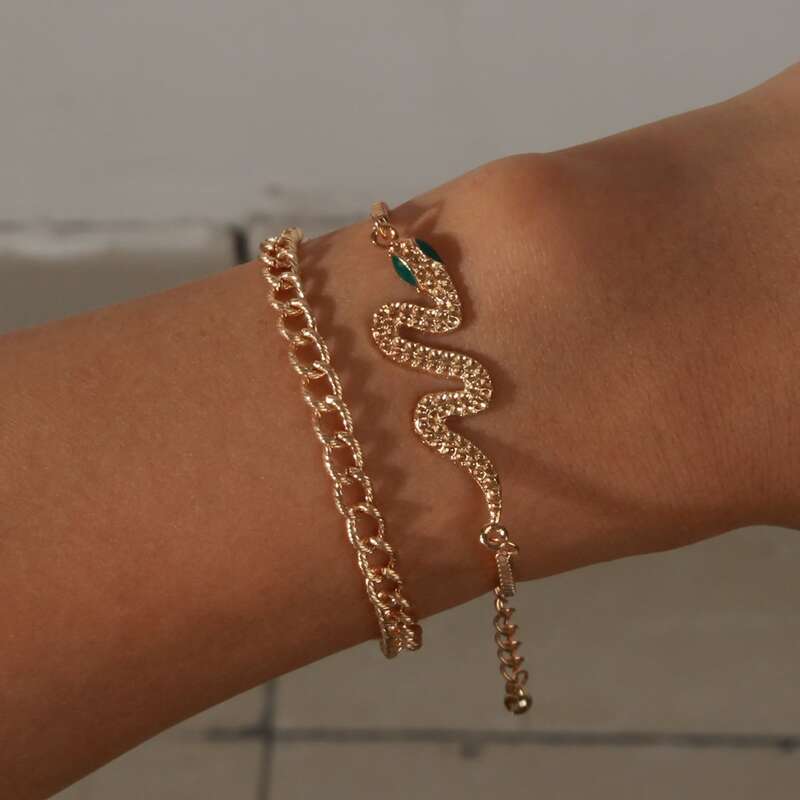 

2pcs Snake Design Chain Bracelet, Gold