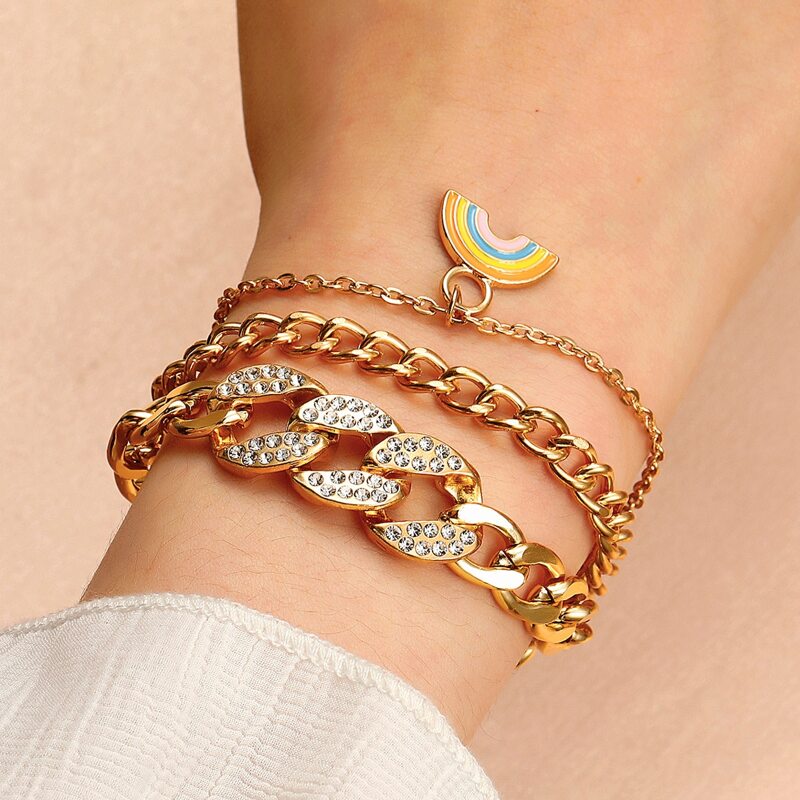 

Rhinestone Decor Layered Chain Bracelet, Gold