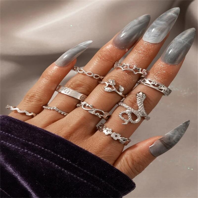 

10pcs Serpentine & Star Design Ring, Silver