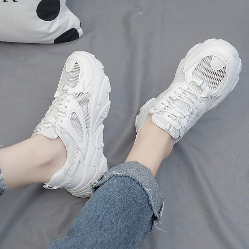 

Lace-up Front Mesh Panel Chunky Sneakers, White