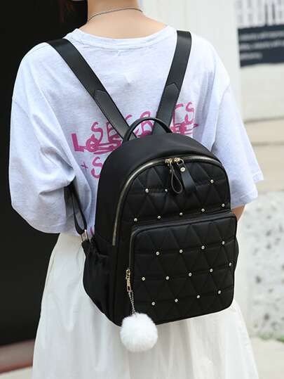 Studded Decor Backpack With Bag Charm Casual Rivets Decor Women Backpack Argyle Pattern Travel Storage Daypack All-Match Nylon Rucksack Best Personalized Gifts For Women, Mom & Girlfriends