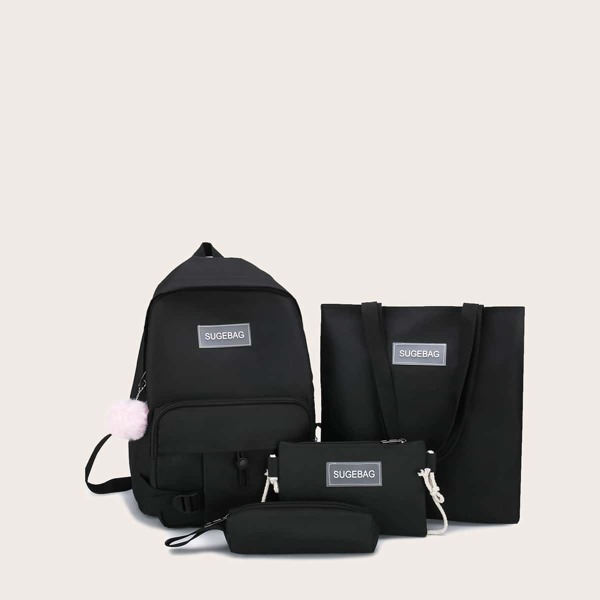 

4pcs Patch Decor Backpack Set, Black