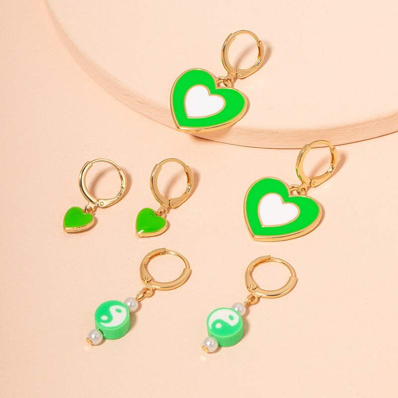 

3pairs Heart Charm Earrings, Multicolor
