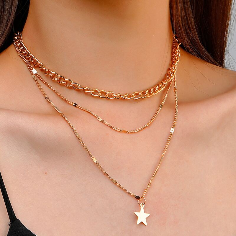 

Star Pendant Layered Chain Necklace, Gold