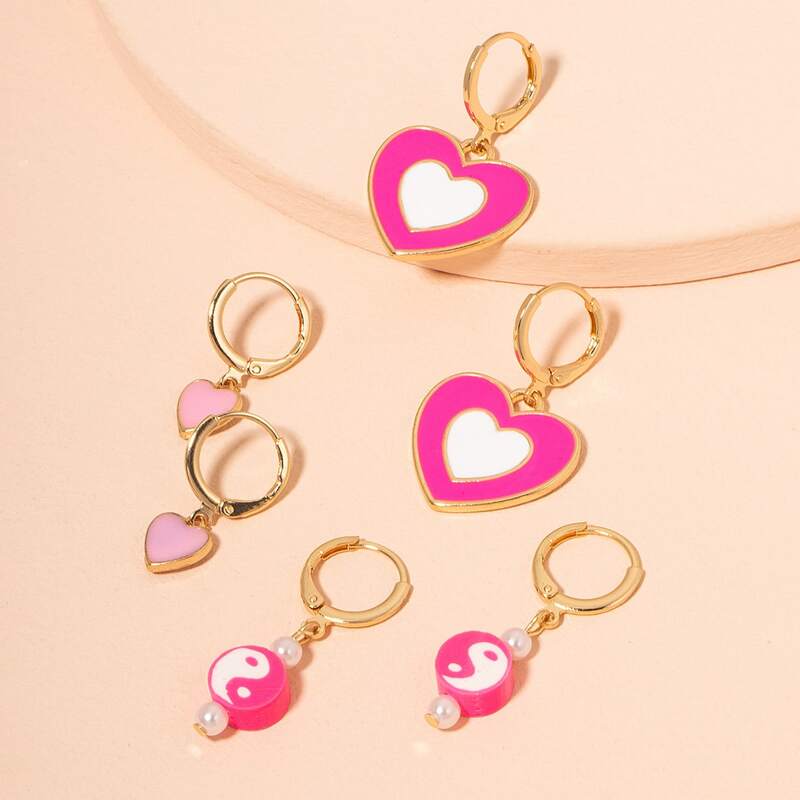 

3pairs Heart Charm Earrings, Multicolor