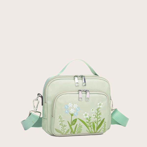 

Embroidery Plant Decor Satchel Bag, Green