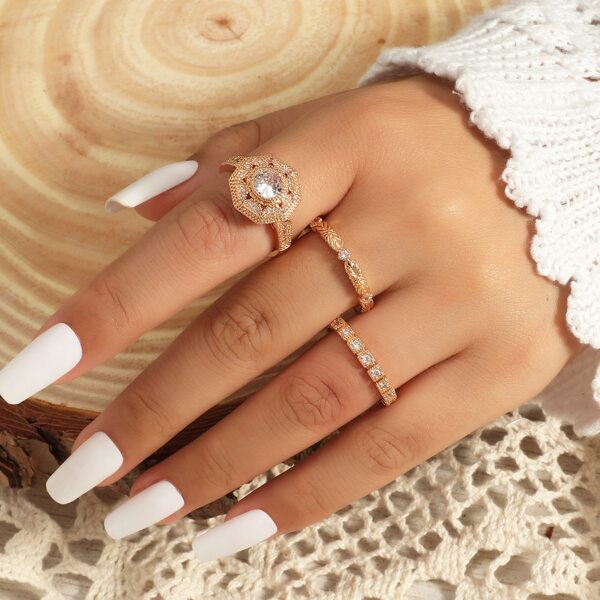 

3pcs Rhinestone Decor Ring, Gold