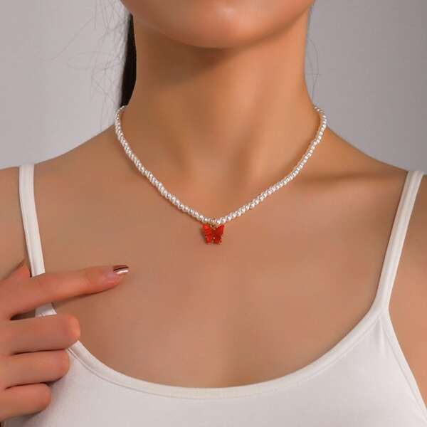 

Butterfly Charm Beaded Necklace, Red