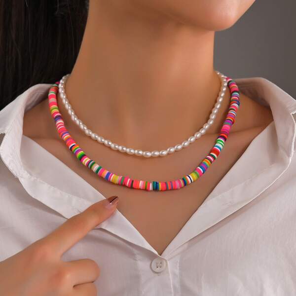 

2pcs Faux Pearl Decor Necklace, Multicolor