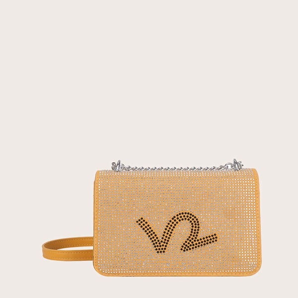 

Rhinestone Decor Flap Shoulder Bag, Yellow