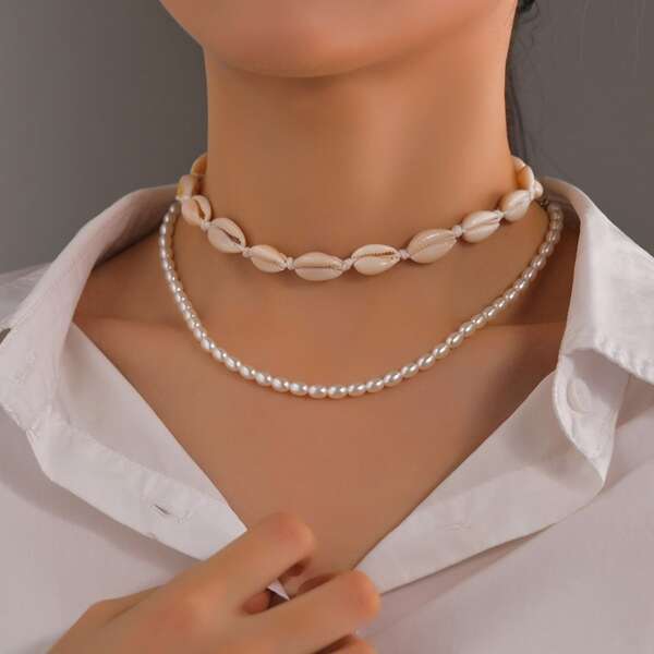 

2pcs Faux Pearl Decor Necklace, White