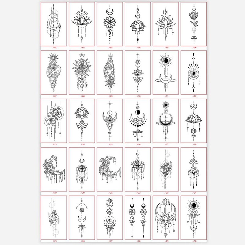 

30sheets Moon & Flower Pattern Tattoo Sticker, Black