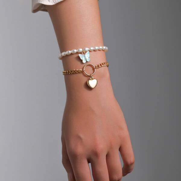 

2pcs Faux Pearl Decor Bracelet, Gold