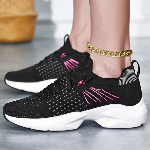 

String Decor Lace-up Knit Running Shoes, Black