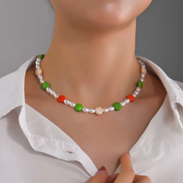 

Faux Pearl & Stone Beaded Necklace, Multicolor
