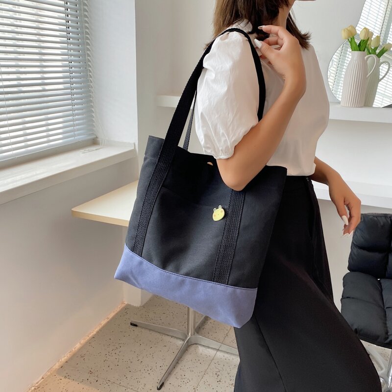 

Two Tone Tote Bag With Cartoon Badge, Black