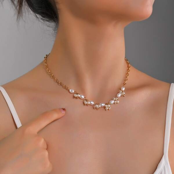 

Faux Pearl Decor Necklace, Gold