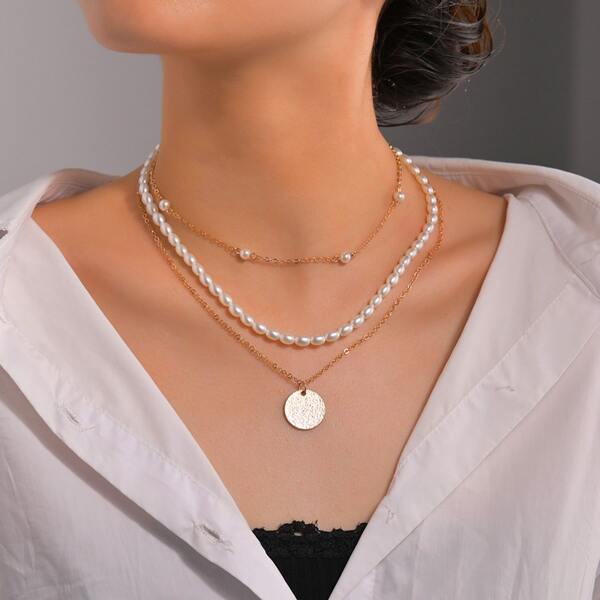 

Disc Charm Faux Pearl Beaded Layered Necklace, Gold
