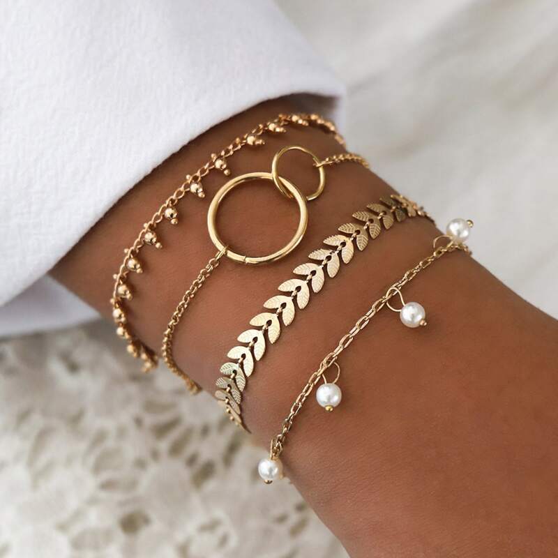 

4pcs Ring Linked Chain Bracelet, Gold