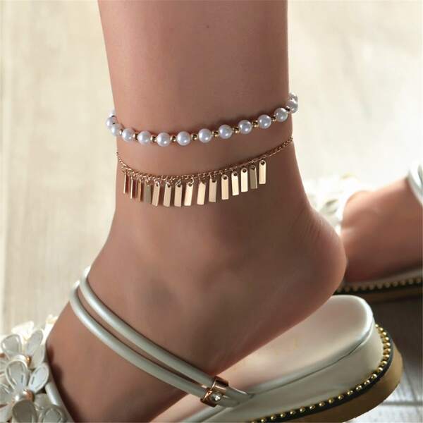 

2pcs Faux Pearl Decor Geometric Charm Anklet, Gold